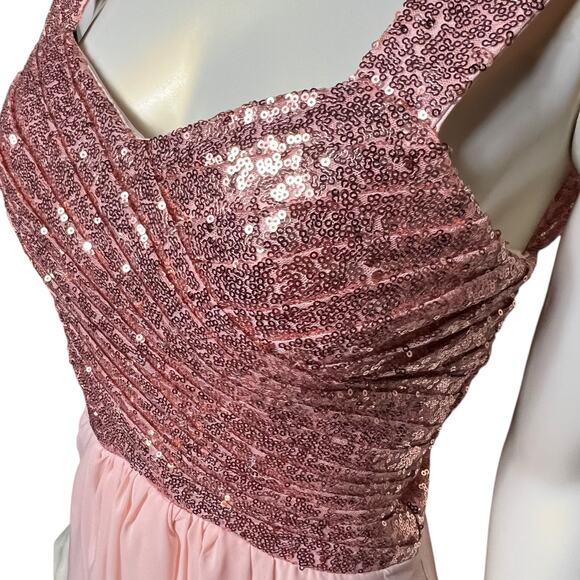 Rose Gold Sequin Prom Dress Pink Chiffon Maxi Evening Gown Size 6 Open Back - Picture 3 of 10